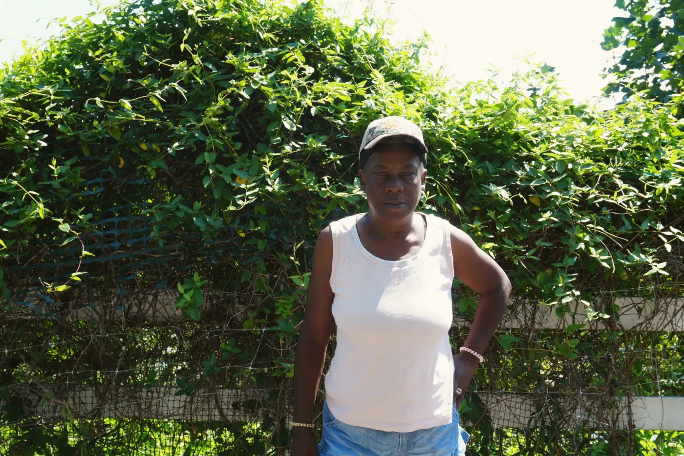 A member of staff in a cap standing in front of a tall hedge.